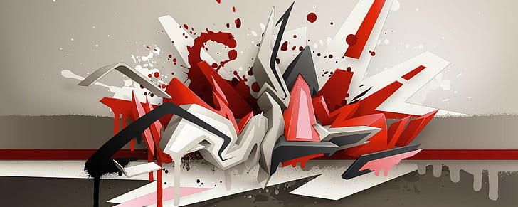 daim dual monitors graffiti 3d, red, large group of objects, HD wallpaper