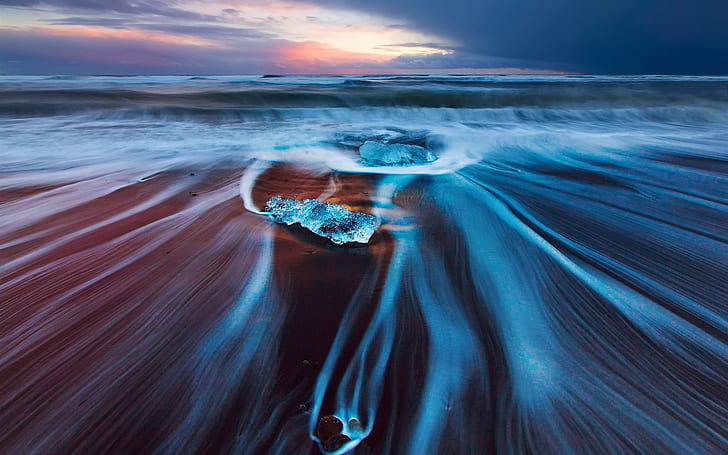 Iceland, sea, beach, ice, waves, dusk, timelapse photograph of river, HD wallpaper