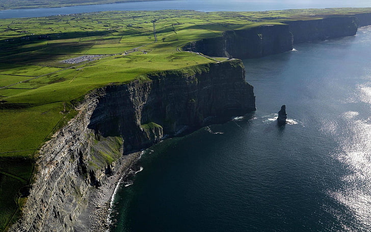 green grass-covered cliff, Ireland, water, scenics - nature, high angle view