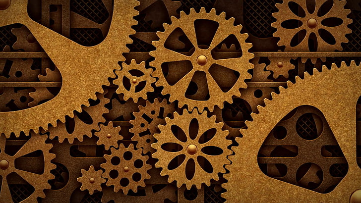 technology, gears, grid, wheels, digital art, steampunk, pattern