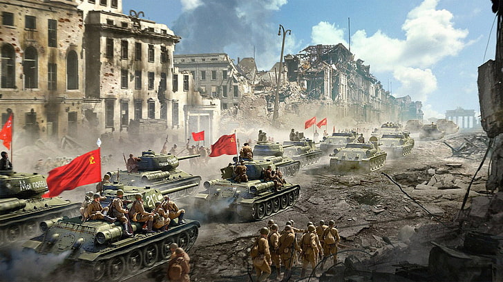 marching soldiers wallpaper, the city, army, USSR, flags, tanks