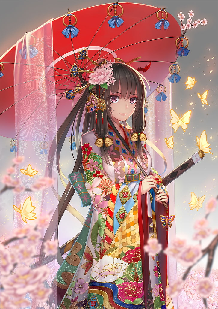 A cute anime-style virtual idol, vtuber, or digital character, female  dressed in japanese kimono with bamboo umbrella, generative AI Stock  Illustration | Adobe Stock