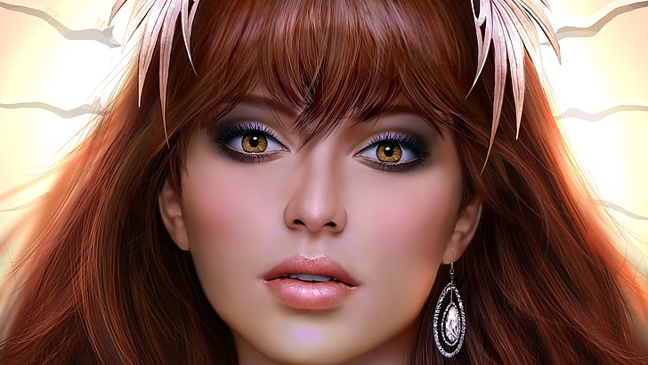 digital art, face, bangs, redhead, portrait, open mouth, looking at viewer