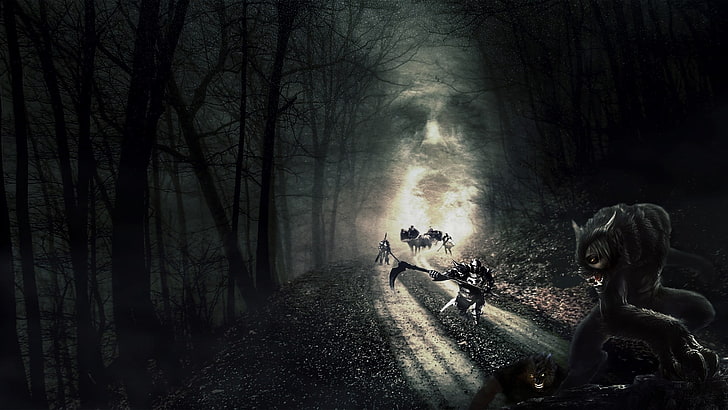 black forest digital wallpaper, dark, horror, knight, werewolves