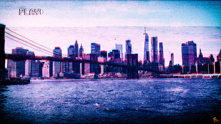 Brooklyn Bridge, New York City, VHS, vaporwave, Photoshop, glitch art, HD wallpaper