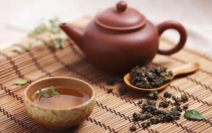 round brown soup bowl and teapot, leaves, transparent, tea - Hot Drink, HD wallpaper