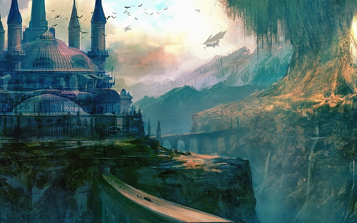 castle illustration, fantasy art, fantasy city, architecture