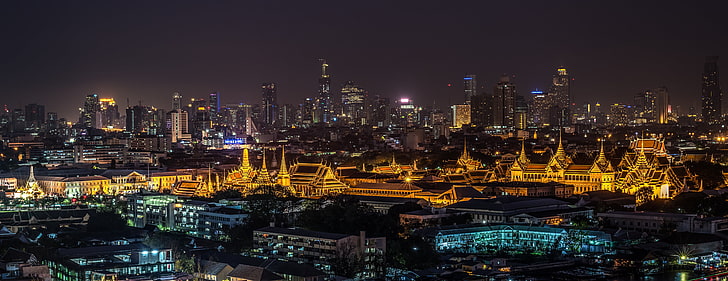 city buildings wallpaper, night city, palace, city lights, bangkok, HD wallpaper