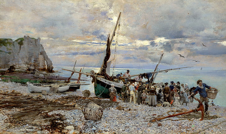 sea, people, rocks, shore, picture, seascape, Étretat, Giovanni Boldini, HD wallpaper
