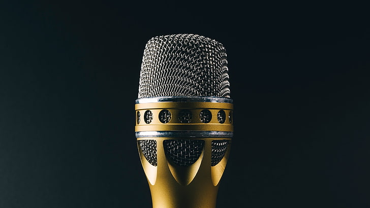 gold and black microphone, music, silver, studio shot, indoors