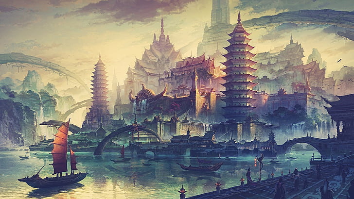 traditional art, boat, city, water, fantasy art, Chinese, drawing
