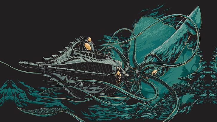 jules verne digital art illustration 20000 leagues under the sea underwater sea drawing octopus sea monsters submarine black background, HD wallpaper