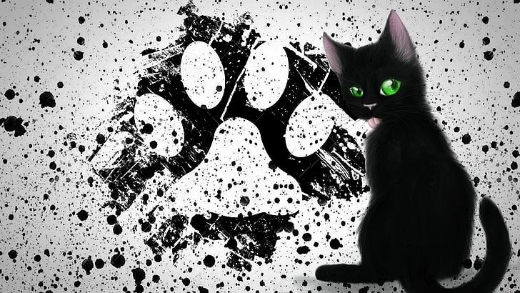 black cat illustration, painting, paws, black cats, kittens, paint splatter