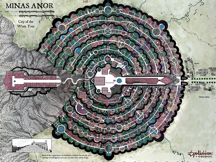 Minas Anor map, The Lord of the Rings, architecture, built structure
