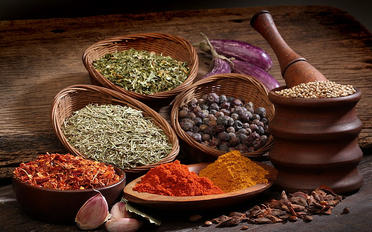 spices and bowl lot, dishes, dried, ground, seasoning, mortar and Pestle, HD wallpaper
