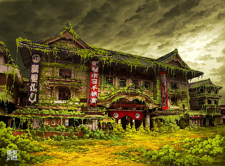 Japanese, temple, overgrown, built structure, architecture