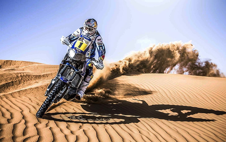 blue and black motocross dirt bike, Sand, Sport, Speed, Day, Motorcycle, HD wallpaper