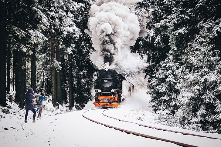 railway, nature, train, winter, vehicle, snow, HD wallpaper