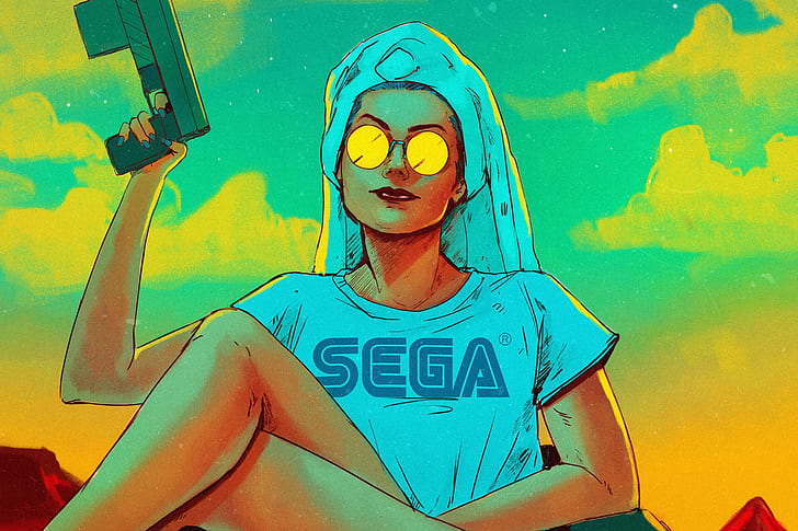 Bruno Ferreira, women, T-shirt, weapon, shades, Sega, artwork
