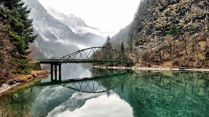 gray metal bridge, nature, landscape, water, lake, trees, reflection