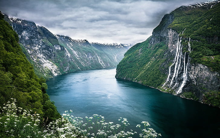 landscape, hills, nature, cliff, flowers, water, Norway, Geiranger, HD wallpaper
