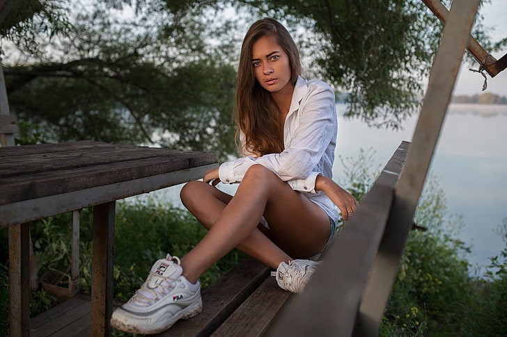 Dmitry Shulgin, sitting, legs, women outdoors, model, young adult, HD wallpaper