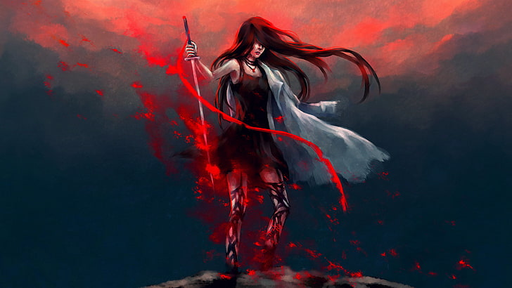 red-haired female fictional character digital wallpaper, katana