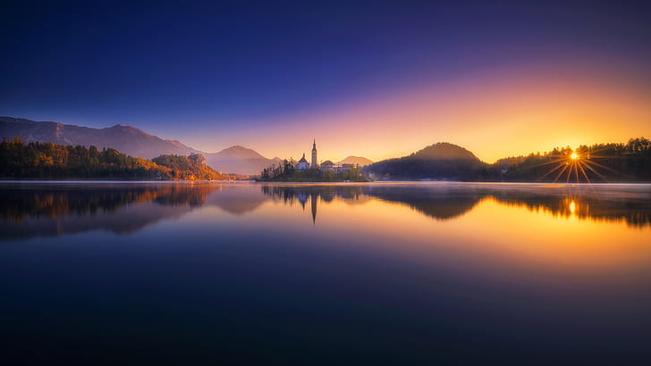 sunset, lake, reflection, Slovenia, Lake Bled, The Julian Alps, HD wallpaper