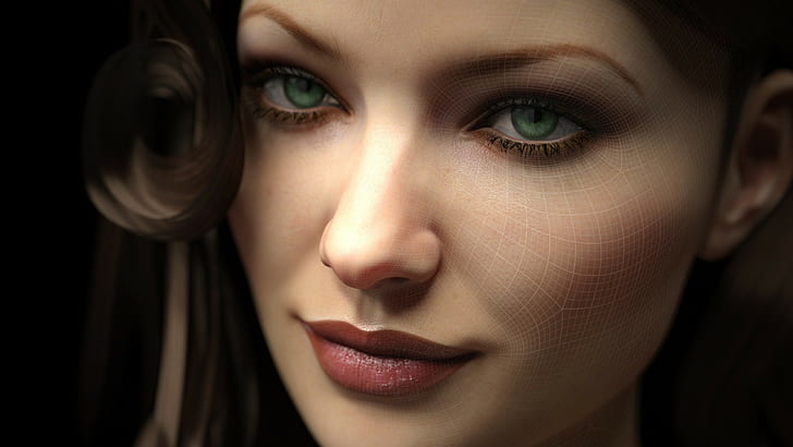 women face looking at viewer green eyes digital art portrait cgi 3d black background nets square render