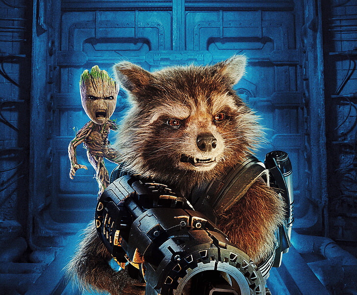 Rocket and baby Groot, weapons, fiction, raccoon, poster, Guardians of the Galaxy Vol. 2, HD wallpaper