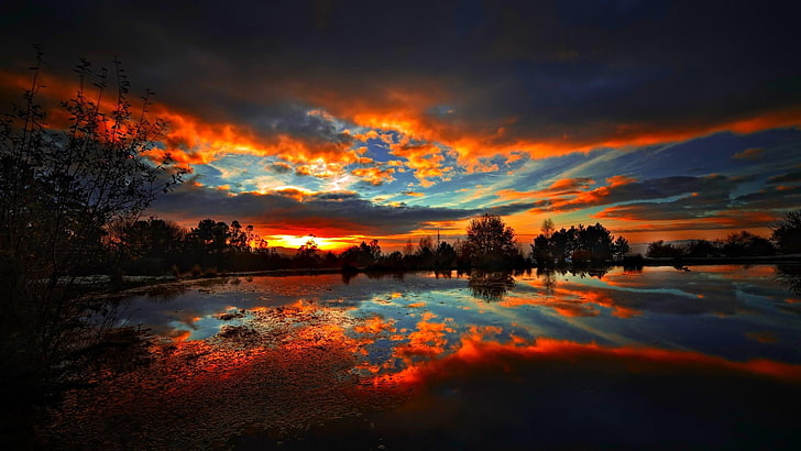 reflection, sky, water, sunset, dawn, afterglow, red sky, reflected, HD wallpaper