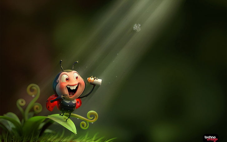 ladybugs, fantasy art, one person, child, green color, plant, HD wallpaper