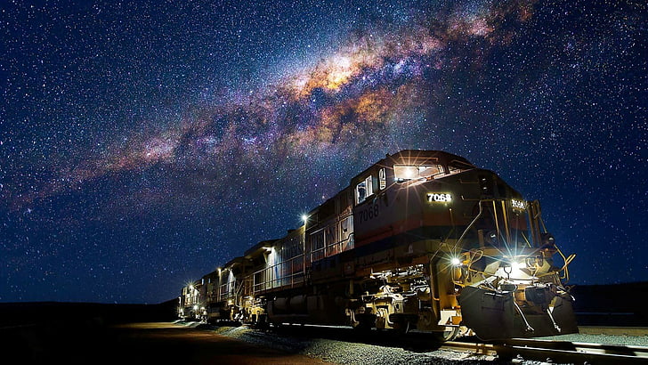 train, galaxy, stars, starry, milky way, starry night, night sky