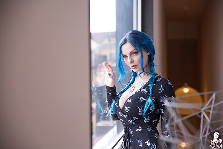 Suicide Girls, blue hair, looking at viewer, necklace, by the window