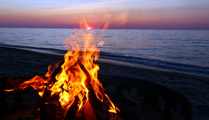 beach, fire, sky, water, burning, sea, heat - temperature, fire - natural phenomenon, HD wallpaper