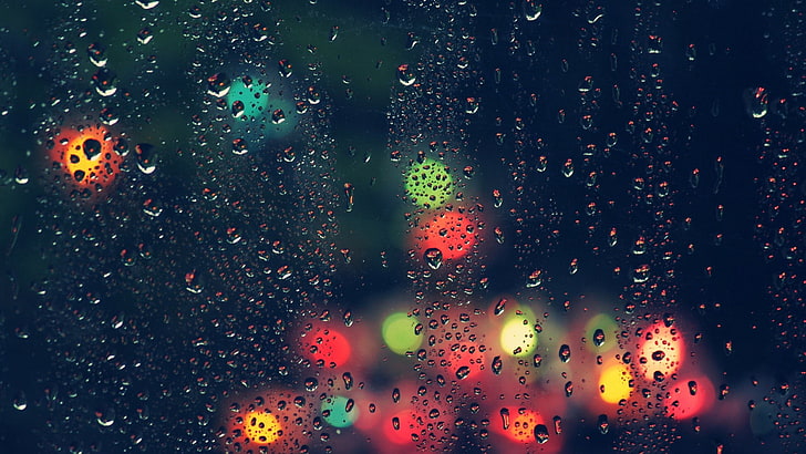 bokeh, blurred, depth of field, lights, water drops, glass