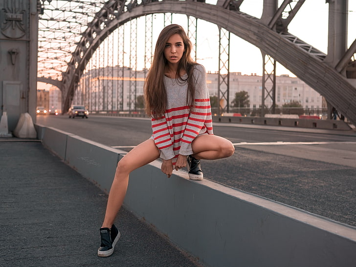 women's gray and red striped crew-neck sweater, portrait, sneakers