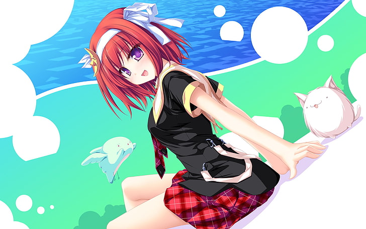 red-haired female anime character sitting on white surface digital wallpaper