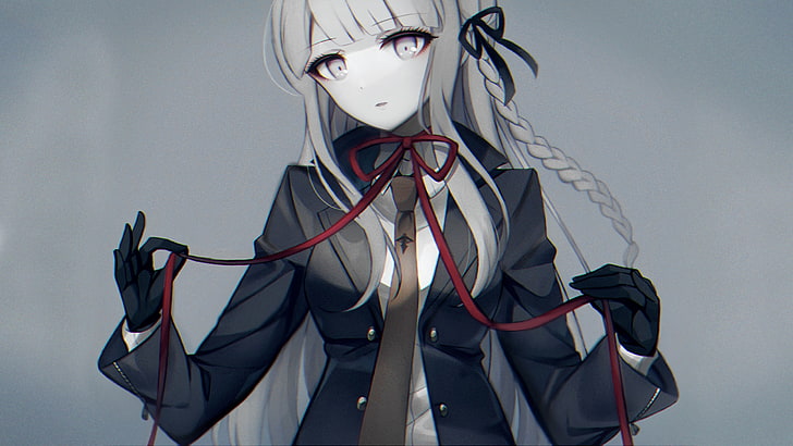 kyoko kirigiri, danganronpa, white hair, ribbon, braid, gloves