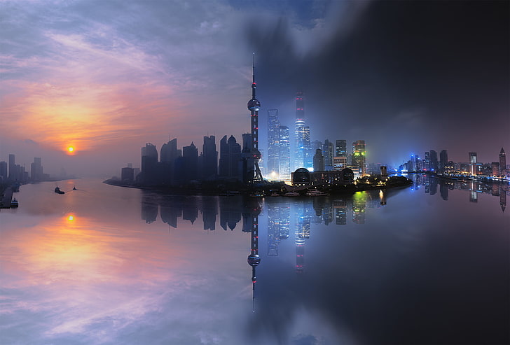 assorted-color concrete building wallpaper, Shanghai Skyline day and night edited photo, HD wallpaper