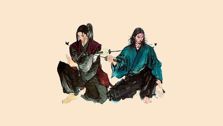 samurai, Fantasy Men, beards, simple background, Takehiko Inoue