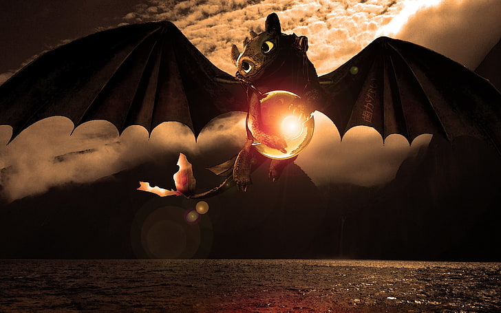 Toothless wallpaper, sea, flight, sphere, dragon, How to train your dragon