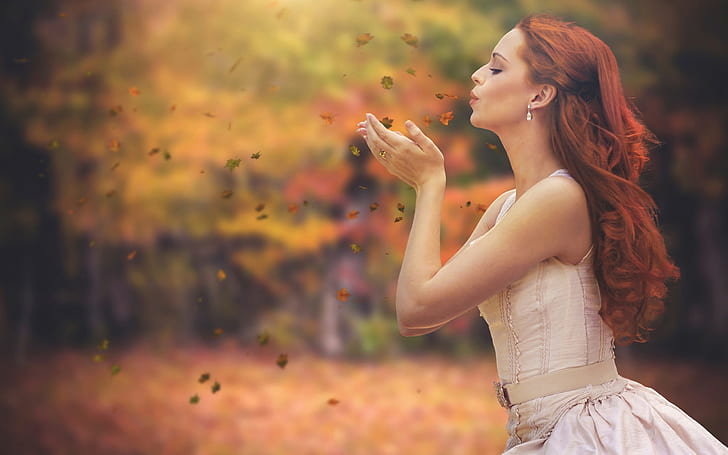 Autumn, leaves, red hair girl, HD wallpaper