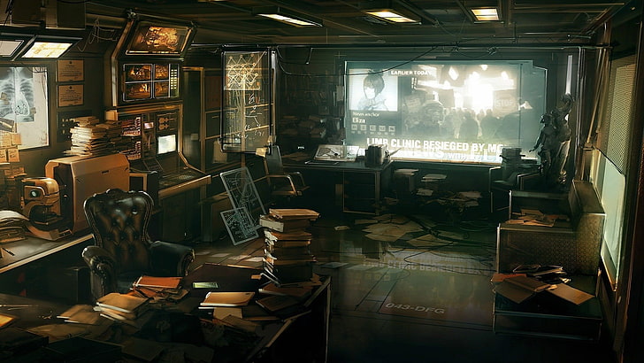 tufted black sofa chair near desk wallpaper, Deus Ex: Human Revolution, HD wallpaper