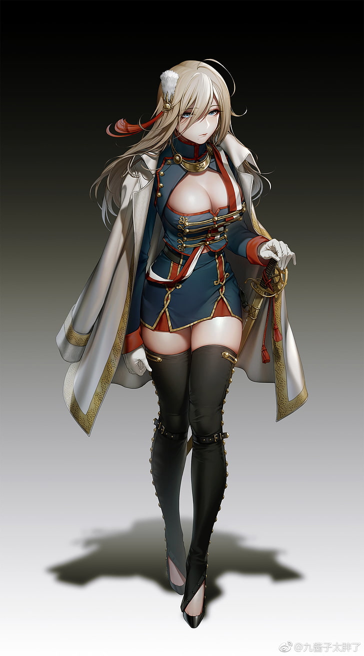 female anime character, female anime character with cape, military