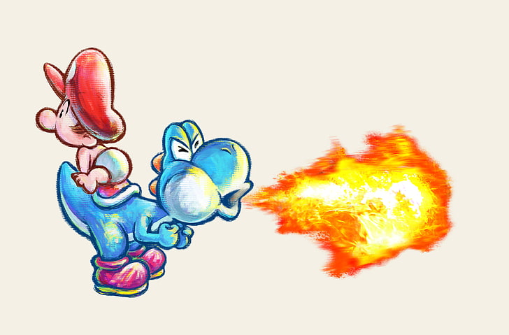 Super Mario illustration, yoshi dash, fire, art, animal, multi Colored, HD wallpaper