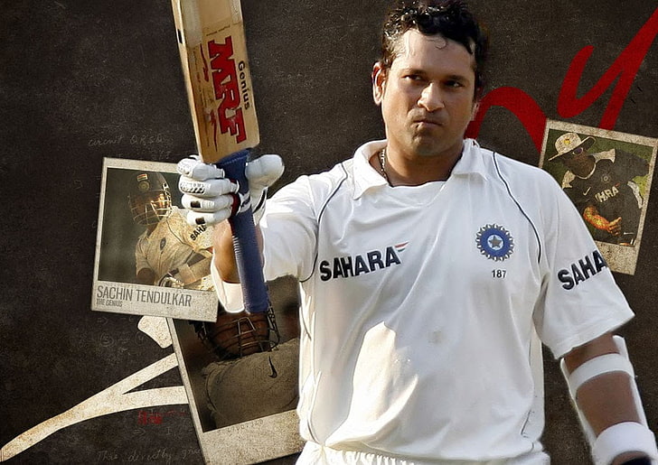 Sachin Ramesh Tendulkar, men's white Sahara cricket jersey shirt and brown and blue MRF wooden cricket bat, HD wallpaper