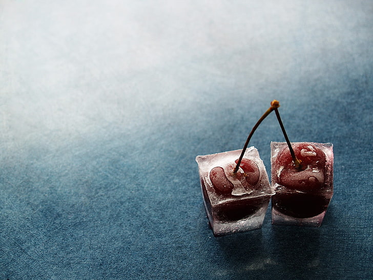 blue, cherries (food), ice cubes, food and drink, freshness, HD wallpaper