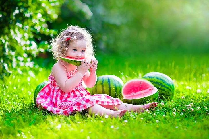 girl's red and white dress, summer, the sun, glade, child, watermelon