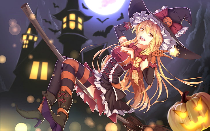 anime character witch, Halloween, witch hat, pumpkin, bats, blonde, HD wallpaper